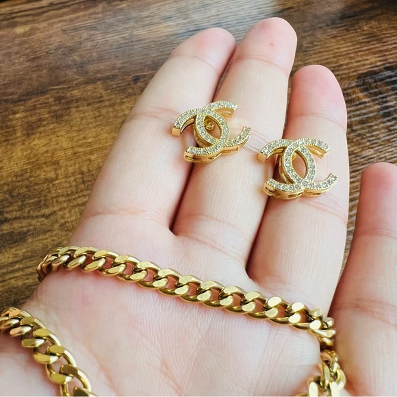 Reserved 18K Plated Gold Chanel Women jewelry Chain Necklace Bracelet Earrings - Picture 10 of 16